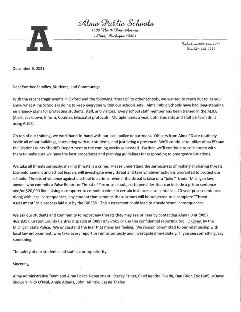 School Safety Letter